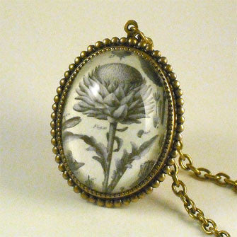 Spring Fling - Vintage Thistle Botanical Engraving Jewelry. Now with New Silver Pendant Setting