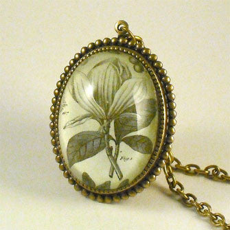 Rustic Petals Vintage Botanical Flora Engraving Pendant Necklace in New Silver or Classic Vintage Setting