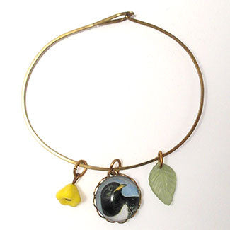 Magpie, Leaf & Yellow Bell Bead Bird Charm Jewelry