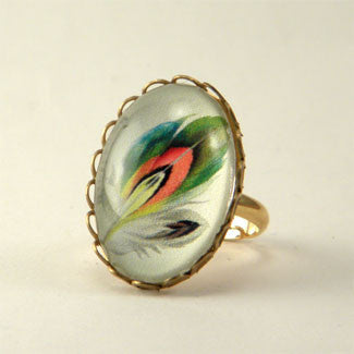Ready To Take Flight - Multi Colored Feather Botanical Illustration Petite Ring
