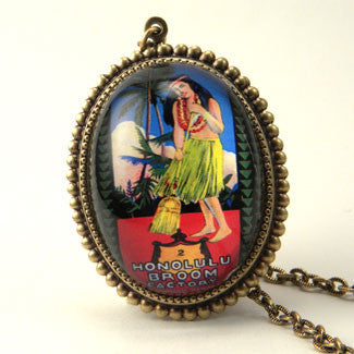Honolulu Broom - Vintage Hawaiian Ad Illustration Pendant Necklace