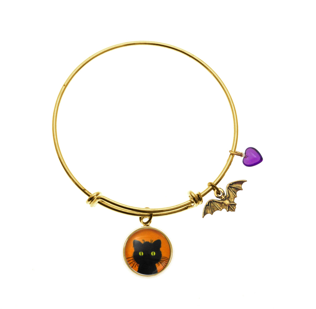 Green Eyed Black Cat with Bat Charm and Purple Heart Bead in Bracelets, Necklaces and Earrings