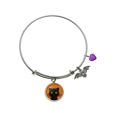 Green Eyed Black Cat with Bat Charm and Purple Heart Bead in Bracelets, Necklaces and Earrings