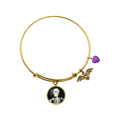 Smiling Skeleton with Bat Charm and Purple Heart Bead Adjustable Bracelets