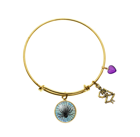 Spider in Web with Skeleton Charm and Purple Heart Bracelet