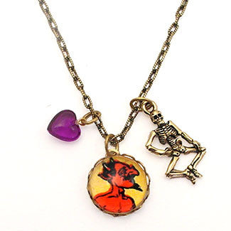 Red Hot Devil with Skeleton Charm and Purple Heart Bead Charm Necklace