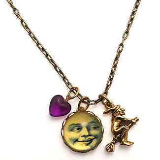 Man in the Moon Face with Flying Witch Charm and Purple Heart Bead Necklace