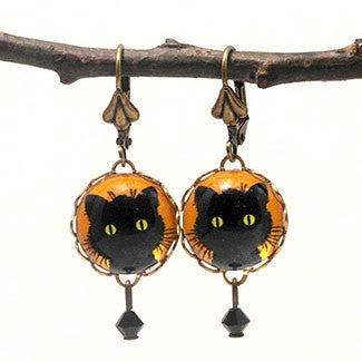 Green Eyed Black Cat 15mm Round Earrings