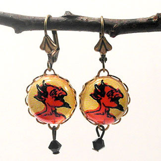 Red Hot Devil with Skeleton Charm and Purple Heart Bead Charm Earrings