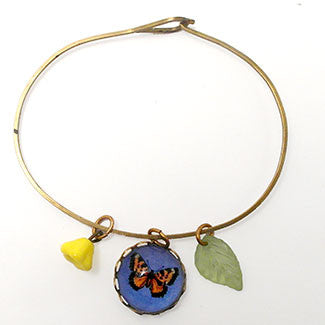Butterfly on Blue Background , Leaf & Yellow Bell Bead Charm Jewelry