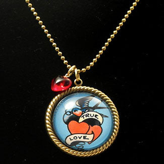 True Love Tattoo Art with Red Heart Bead Pendant Necklace