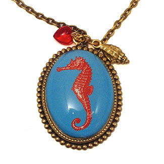 Red Sea Horse with Sea Shell Charm and a Red Heart Bead Charm Pendant Necklace