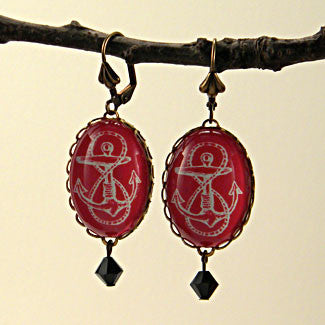 Anchors Away -  Blue & Red Classic Anchor Illustration Earrings