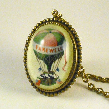 Farewell Hot Air Balloon Vintage Illustration Pendant Necklace