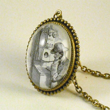 Hello Operator Vintage Old Phone Illustration Pendant Necklace