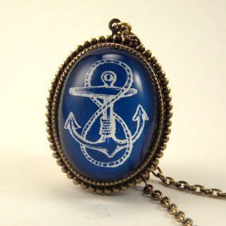 Anchors Away Blue & Red Classic Anchor Illustration Pendant Necklace
