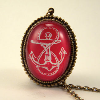 Anchors Away Blue & Red Classic Anchor Illustration Pendant Necklace