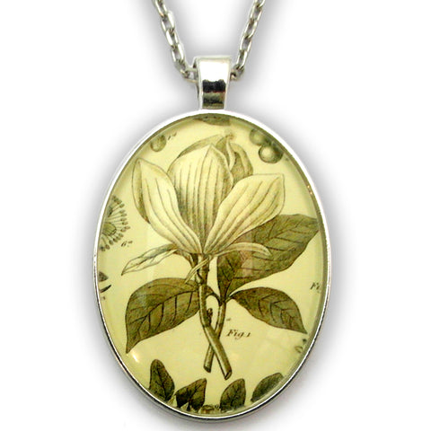 Rustic Petals Vintage Botanical Flora Engraving Pendant Necklace in New Silver or Classic Vintage Setting