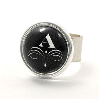 Monogram - Sterling Silver Plate White Letter with Flourish Black Background Adjustable Ring