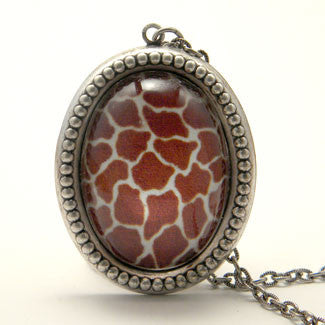 Over The Top Giraffe Print Pendant Necklace in Vintage Style Pewter Setting