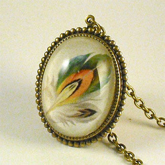 Ready To Take Flight - Multi Colored Feather Botanical Illustration Deluxe Pendant Necklace