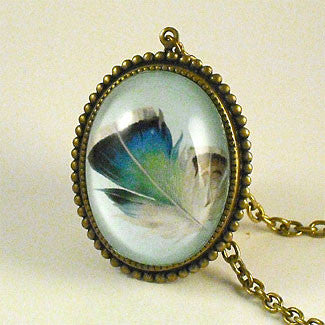 Birds Of A Feather - Blue Feather Pendant Necklace