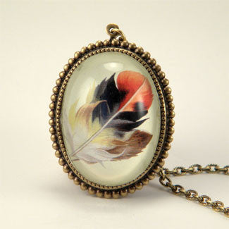 Light As A Feather - Feather with Browns, Reds and Tan Nature Illustration Deluxe Pendant Necklace