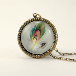 Ready To Take Flight - Multi Colored Feather Botanical Illustration Small Pendant Necklace