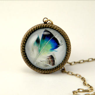 Birds Of A Feather - Blue Feather Jewelry 25mm Pendant Necklace