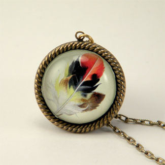 Light As A Feather - Feather with Browns, Reds and Tan Nature Illustration Small Necklace