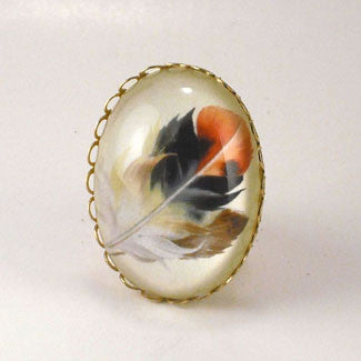 Light As A Feather - Feather with Browns, Reds and Tan Nature Illustration Cocktail Ring