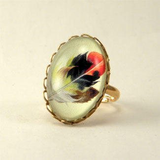 Light As A Feather - Feather with Browns, Reds and Tan Nature Illustration Petite Ring