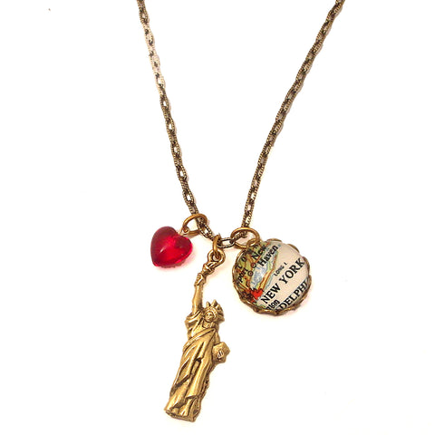 New York Map, Statue of Liberty with Red Heart Bead Charm Necklace