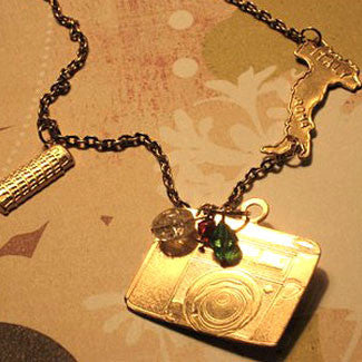 Postcards From Italy Charm Necklace with Camera, Italy Map and leaning tower of Pisa Charms