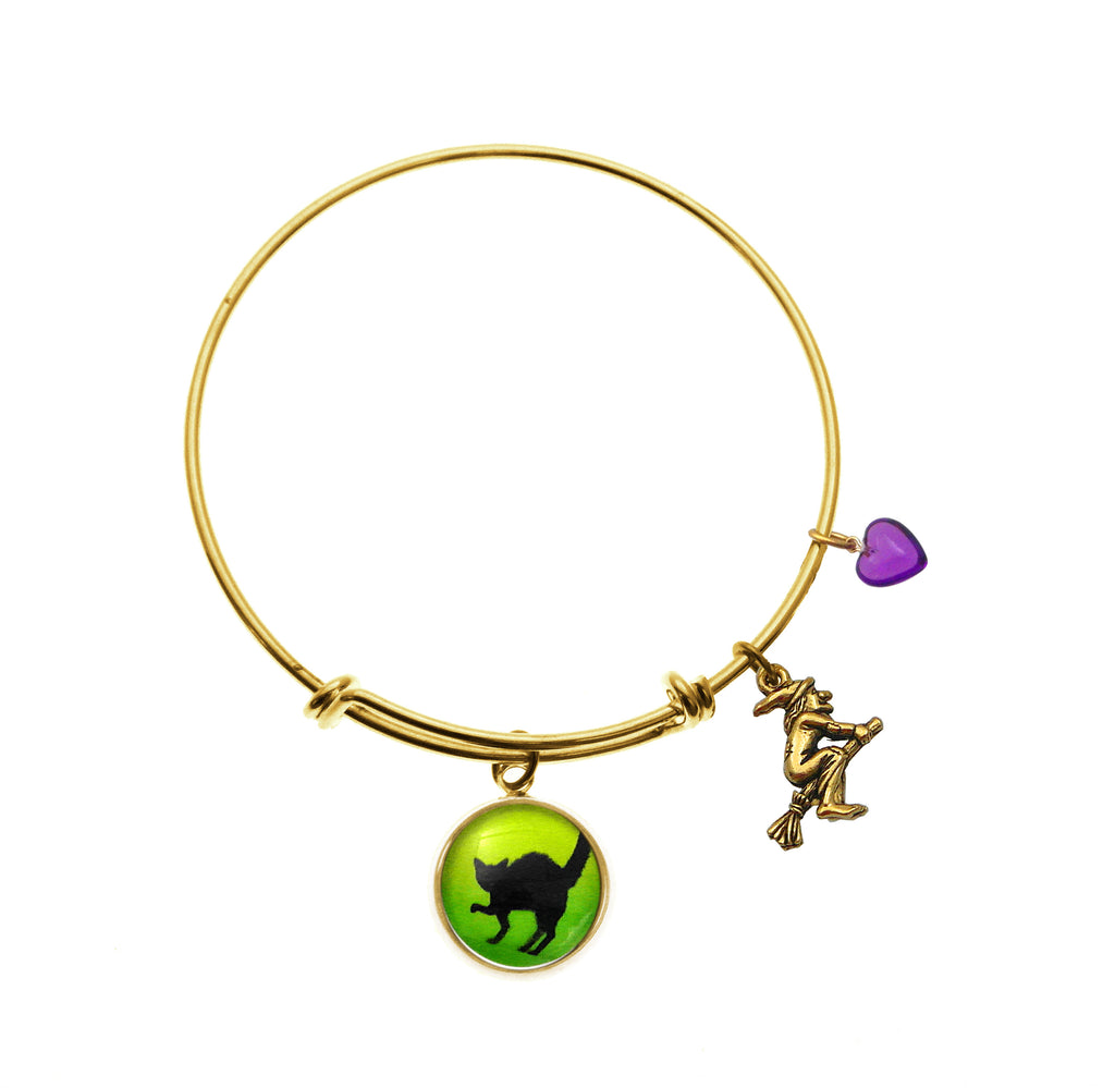 Black Black Cat with Flying Witch and Purple Heart Bead Bracelet
