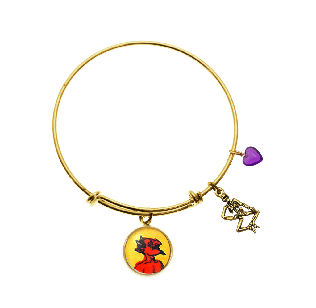 Red Hot Devil with Skeleton Charm and Purple Heart Bead Charm Bracelet