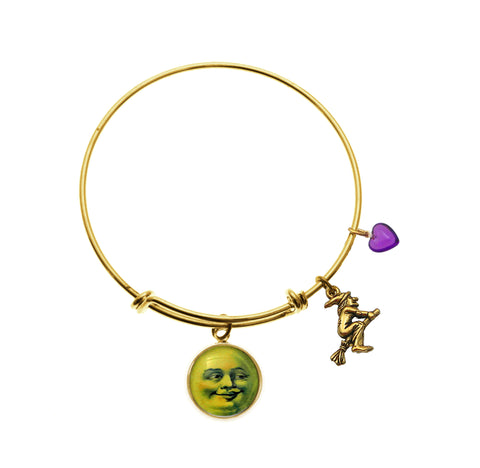 Man in the Moon Face with Flying Witch Charm Charm and Purple Heart Bracelet