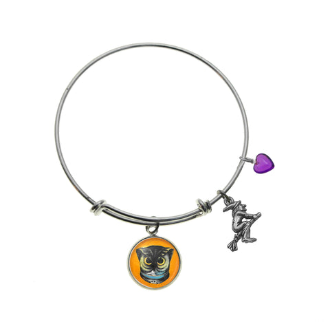 Spooky Owl with Flying Witch Charm and Purple Heart Bead Bracelet