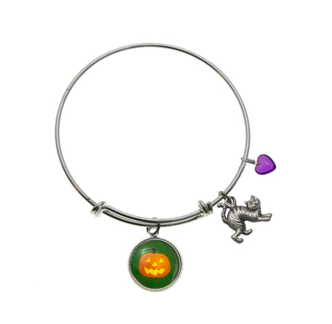 Jack O Lantern with Cat Charm and Purple Heart Bead Bracelet