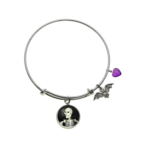 Smiling Skeleton with Bat Charm and Purple Heart Bead Adjustable Bracelets