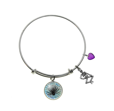 Spider in Web with Skeleton Charm and Purple Heart Bracelet