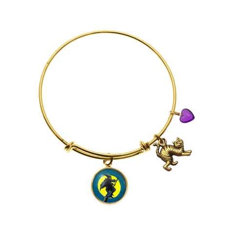 Flying Witch with Scary Cat Charm and Purple Heart Bead Charm Bracelet
