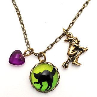 Black Cat Necklace Charm Necklace with Flying Witch and Purple Heart Bead