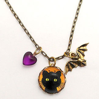 Green Eyed Black Cat with Bat Charm and Purple Heart Bead Necklace
