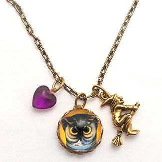 Spooky Owl with Flying Witch Charm and Purple Heart Necklace