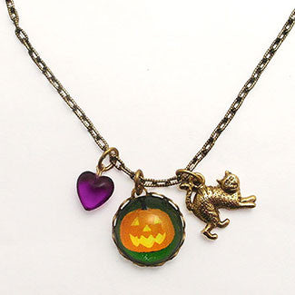 Jack O Lantern with Cat Charm and Purple Heart Bead Charm or Simple Silver Necklace