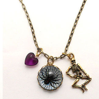 Spider in Web with Skeleton Charm and Purple Heart Charm Necklace