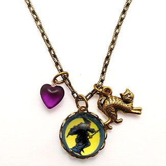 Flying Witch with Scarey Cat Charm and Purple Heart Bead Necklace