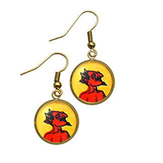 Red Hot Devil with Skeleton Charm and Purple Heart Bead Charm Earrings
