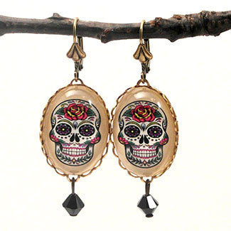 Calavera Sugar Skull Day of the Dead Oval Earrings